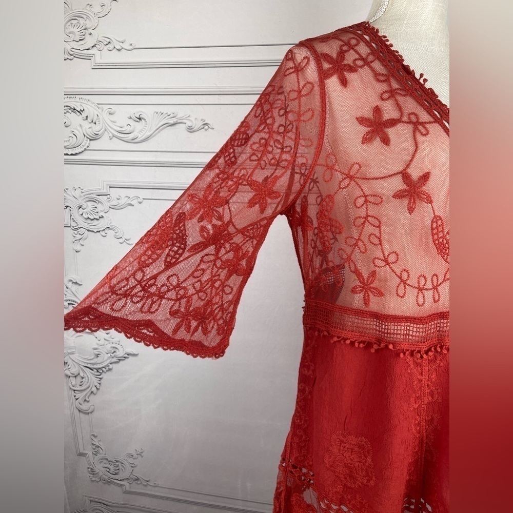 Bohemian Embroidered Floral Lace Sheer Mesh Top Swimsuit Coverup - Picture 8 of 9